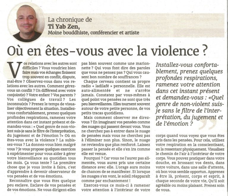 La chronique de presse de TI YAB ZEN sur la violence dans le journal de l'île de la Réunion; paix; bienveillance;solution