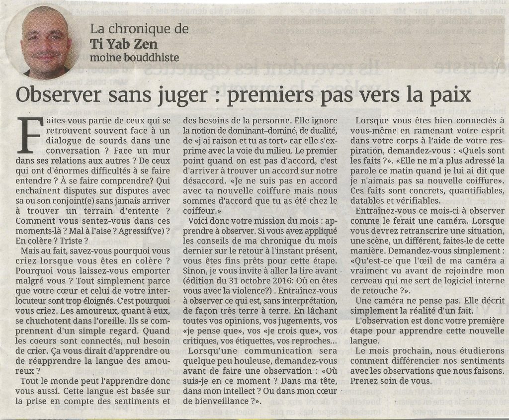 La chronique de TI YAB ZEN dans le journal de l'île de la Reunion: premiers pas vers la paix